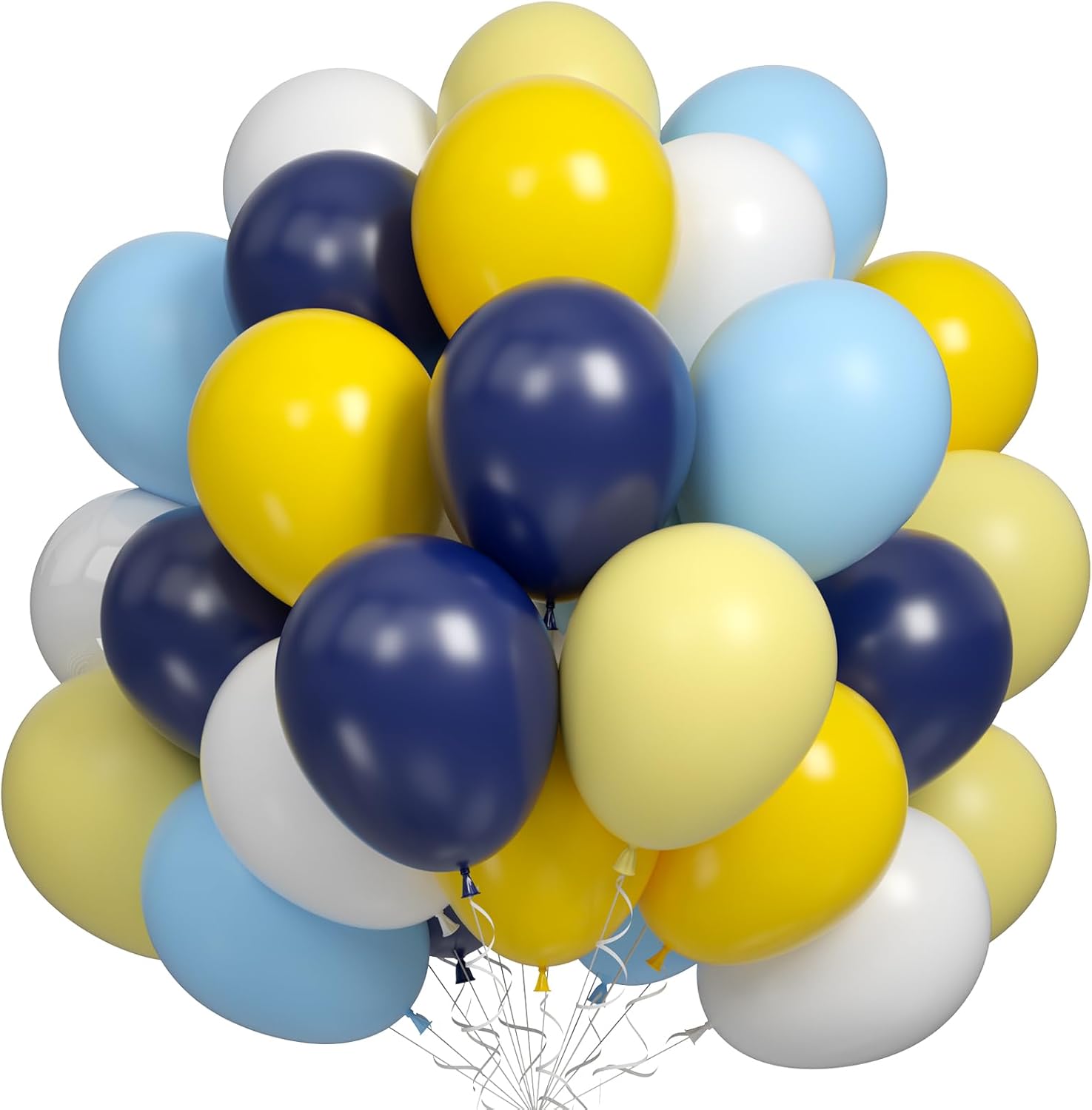Juego de globos de color azul amarillo, 60 globos de fiesta azul marino, amarillo mate, blanco, globos de látex para helio de látex para niños,