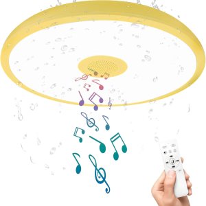 Lámpara de techo LED impermeable amarilla, lámpara de techo de música, con altavoz Bluetooth, 11 pulgadas, 18 W, 2700 K-6500 K, luz RGB regulable Lámpara de techo LED impermeable amarilla, lámpara de techo de música, con altavoz Bluetooth, 11 pulgadas, 18 W, 2700 K-6500 K, luz RGB regulable