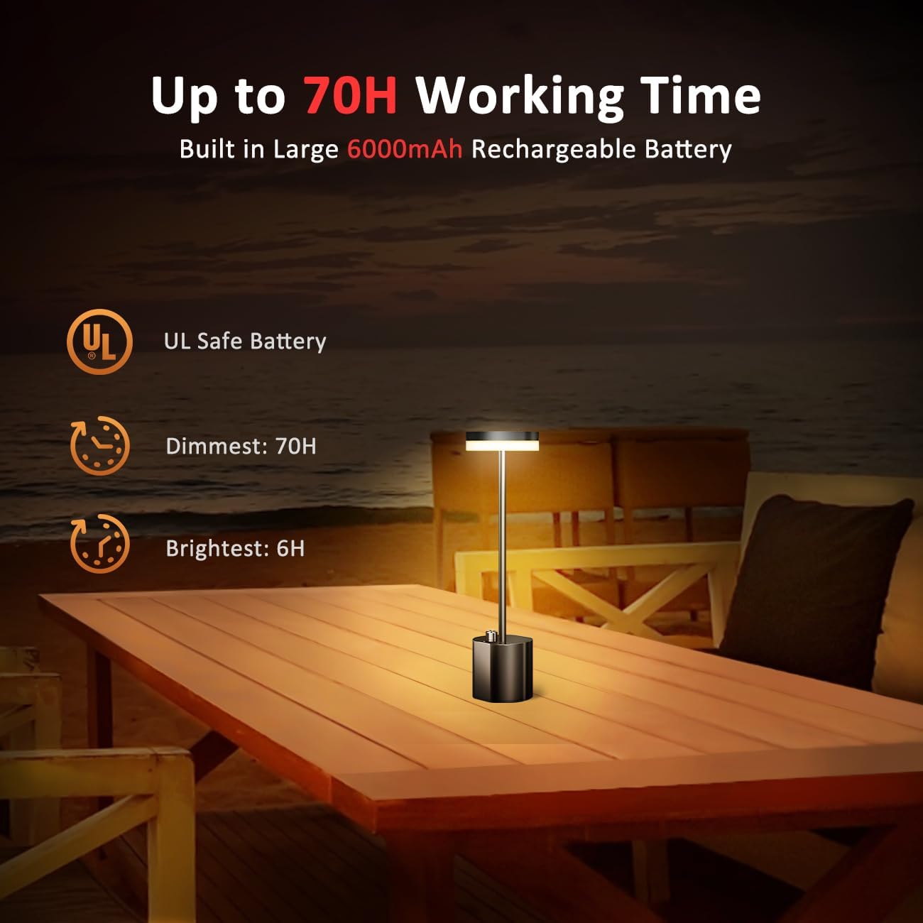Lámpara de mesa inalámbrica de alta calidad, de larga duración, 6000 mAh, recargable, funciona con pilas, atenuación de hasta 70 horas, luz de mesa