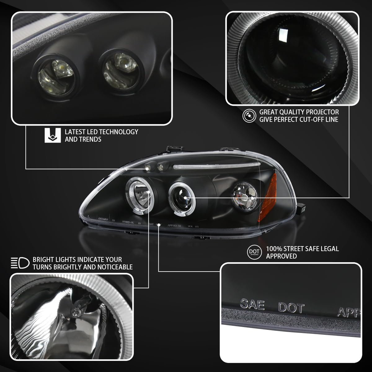 AUTOZENSATION Compatible con faros delanteros Honda Civic 234DR 1996-1998, color negro, L + R Pair