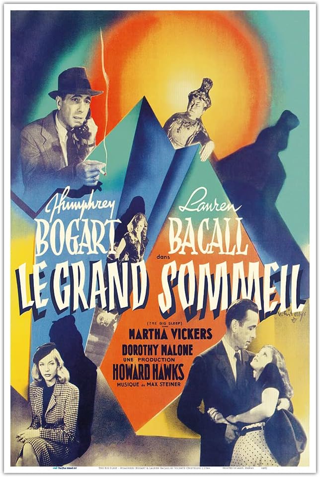 The Big Sleep (Le Grand Sommeil) protagonizada por Humphrey Bogart y Lauren Bacall – Póster de película negra francesa vintage por Vicente