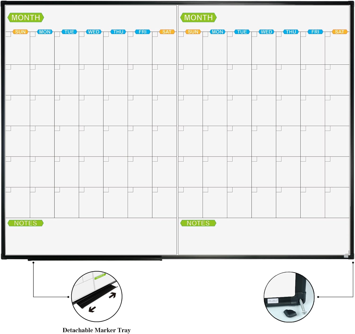 JILoffice Calendario magnético de borrado en seco, pizarra blanca de 2 meses, 48 x 36 pulgadas, marco de aluminio negro, tablero montado en la pared