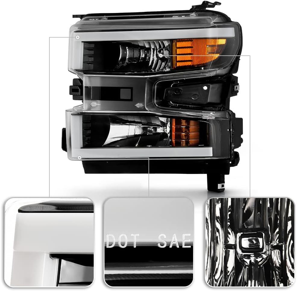 ACANII – Para halógeno sin LED 2019-2021 Chevy Silverado 1500 negro LED SwitchBack Tube Faros delanteros izquierdo y derecho