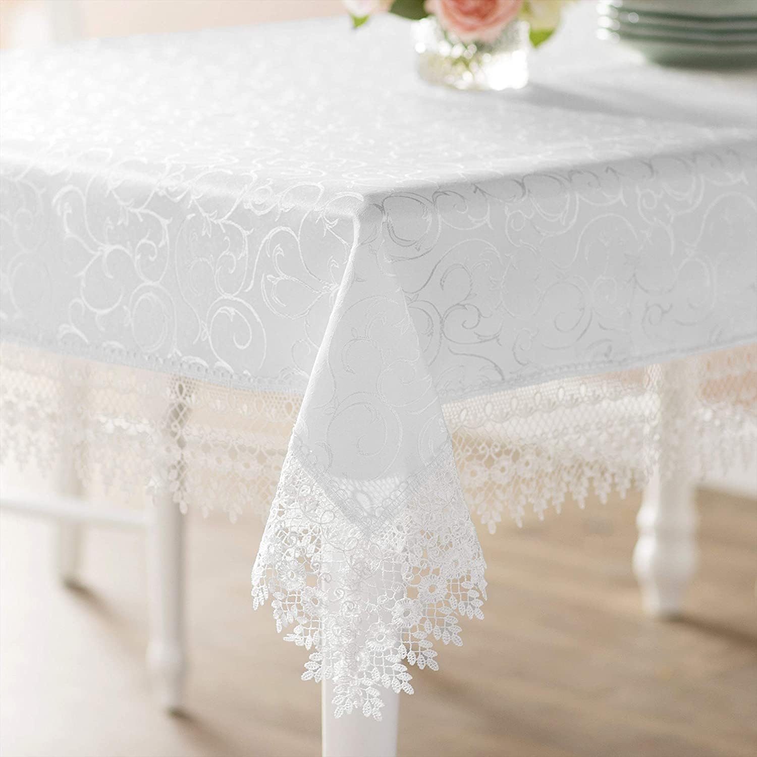 Violet Linen Manteles jacquard de damasco de poliéster con patrón de encaje vintage con lazo de flores, 70 x 160 pulgadas, blanco