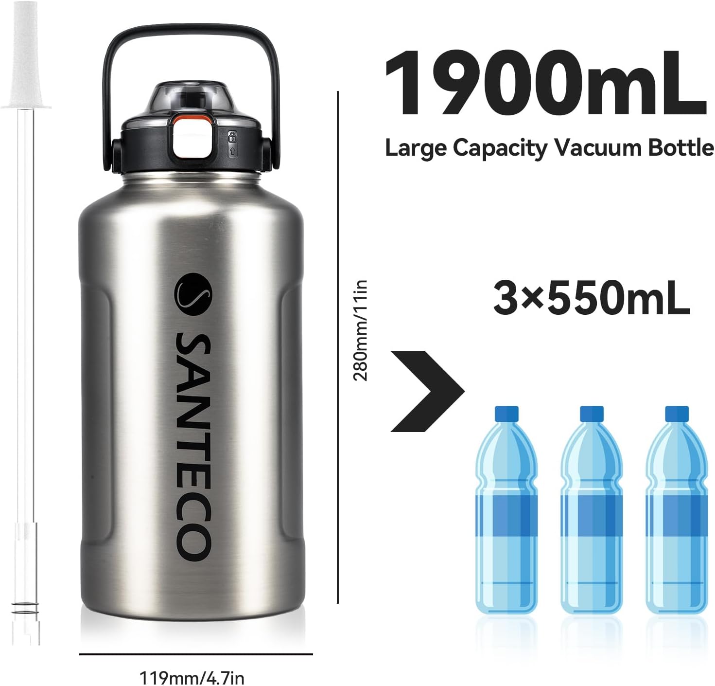 SANTECO Botella de agua de medio galón aislada al vacío de 64 onzas  Frascos al vacío con popote y tapas de boquilla 2 en 1 y asa, jarra de agua de