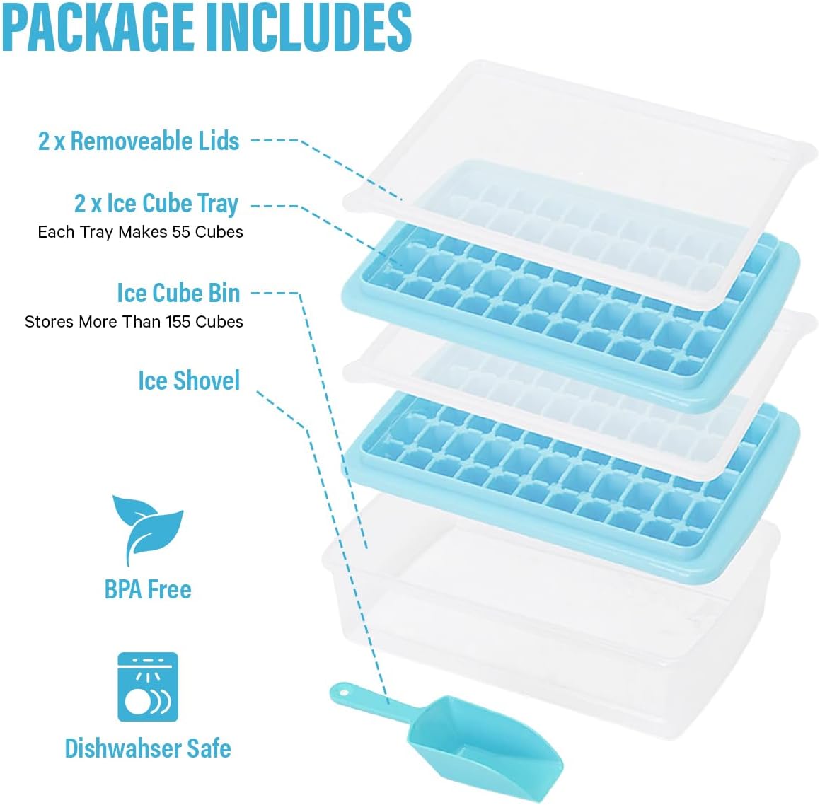 Bandeja para cubitos de hielo (azul) con tapa y contenedor para congelador, fácil liberación, paquete de 2 de 55 moldes para bandejas de hielo con