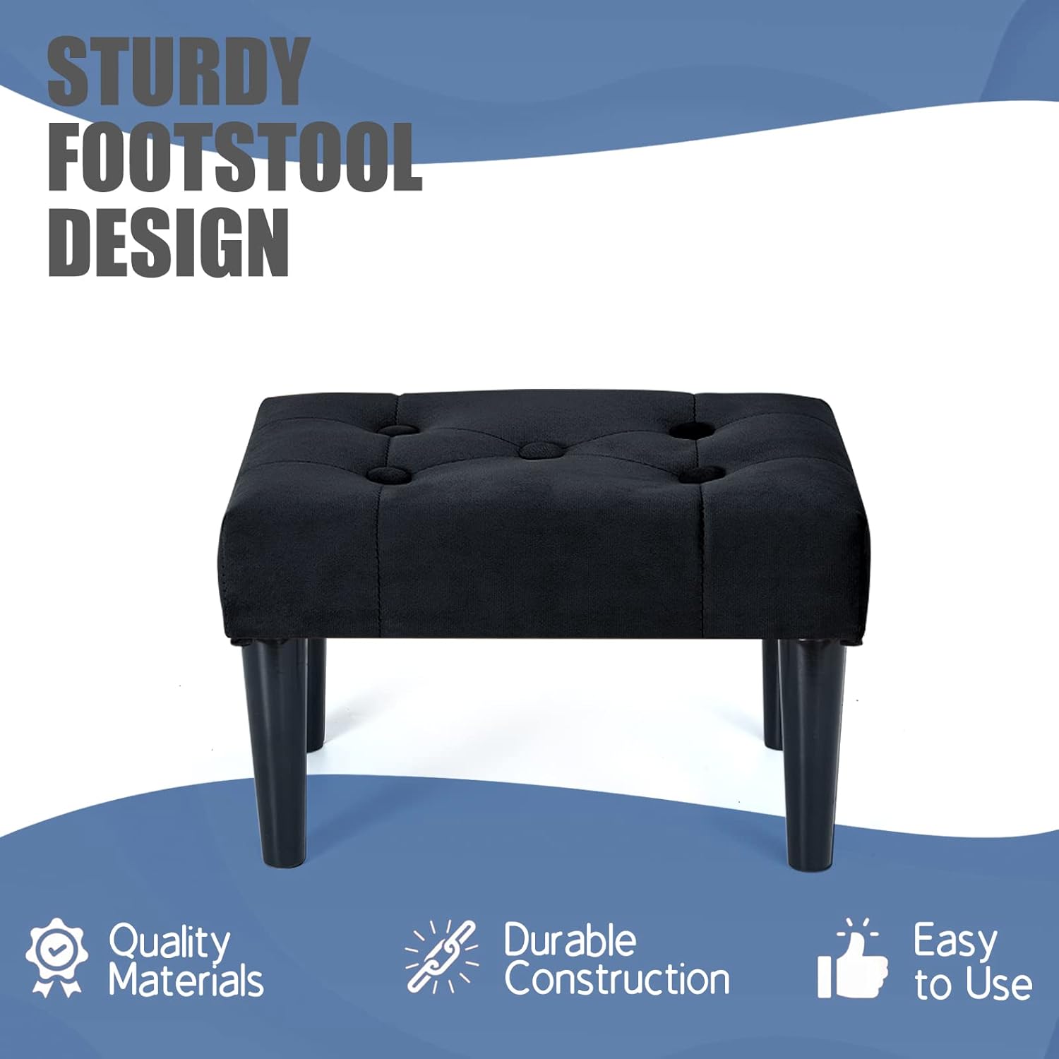 BRIAN & DANY Taburete pequeño otomano, asiento suave de terciopelo con patas de madera, taburete para sala de estar, taburete para pies (negro)
