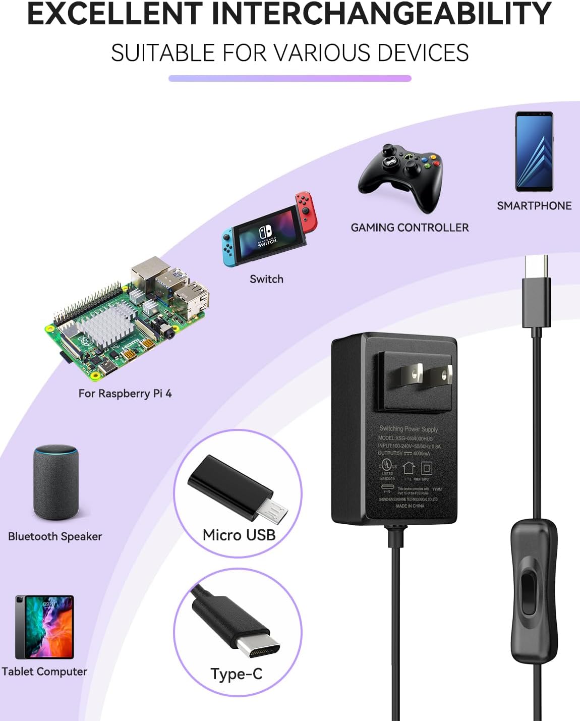 Smraza Fuente de alimentación de 5V 4A 20W compatible con Raspberry Pi 4 Modelo B 8GB 4GB 2GB 1GB, fuente de alimentación tipo C con interruptor de