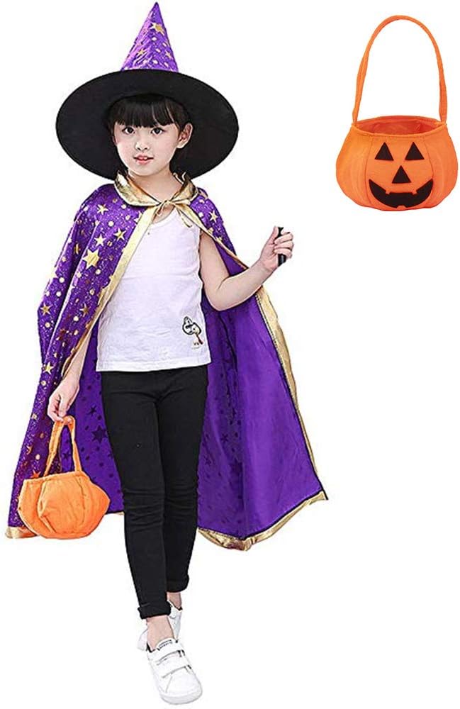 Capa de bruja de mago con sombrero y bolsa de calabaza, accesorios de disfraz de Halloween para niños, fiesta de cosplay