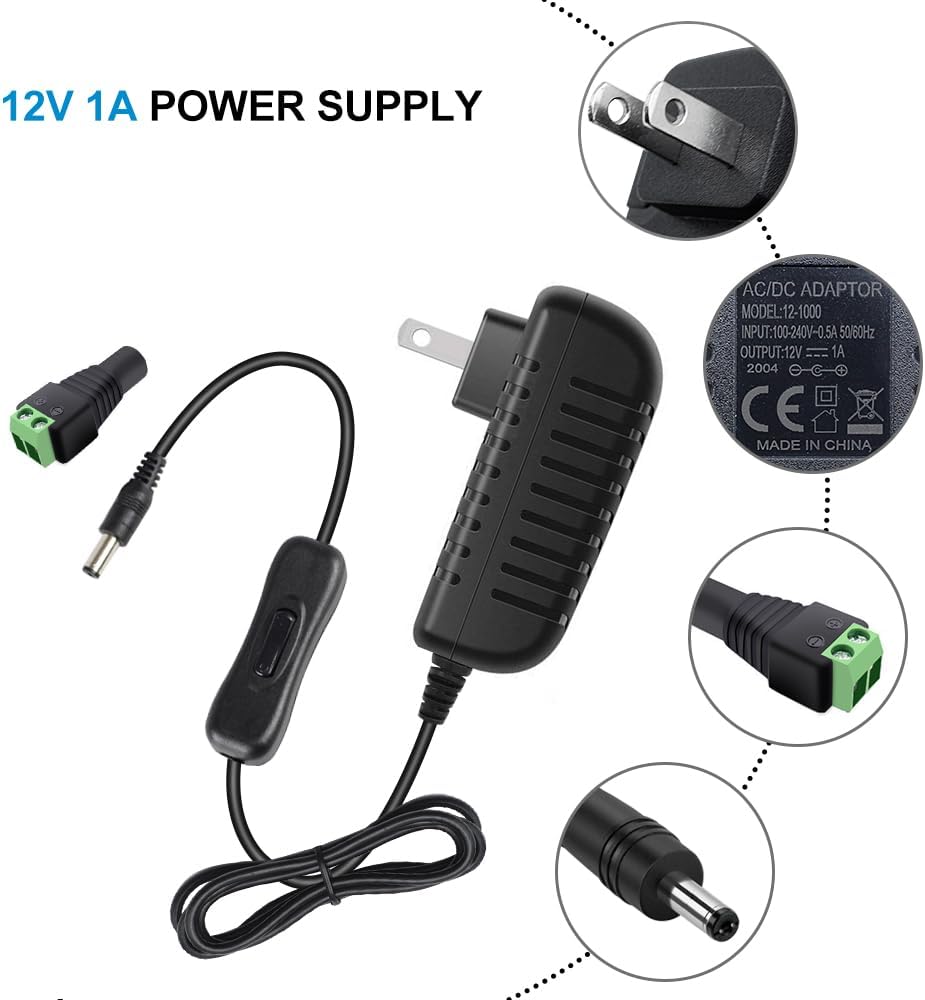 Fuente de alimentación de tira LED de 12V 1A 12W con interruptor de encendido y apagado, adaptador de corriente de conmutación de CACC,