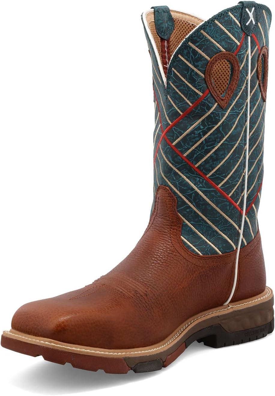 Twisted X Para hombre, color borgoñaazul cielo, puntera de aleación, EH, 12 pulgadas, botas de meter, BorgoñaAzul cielo