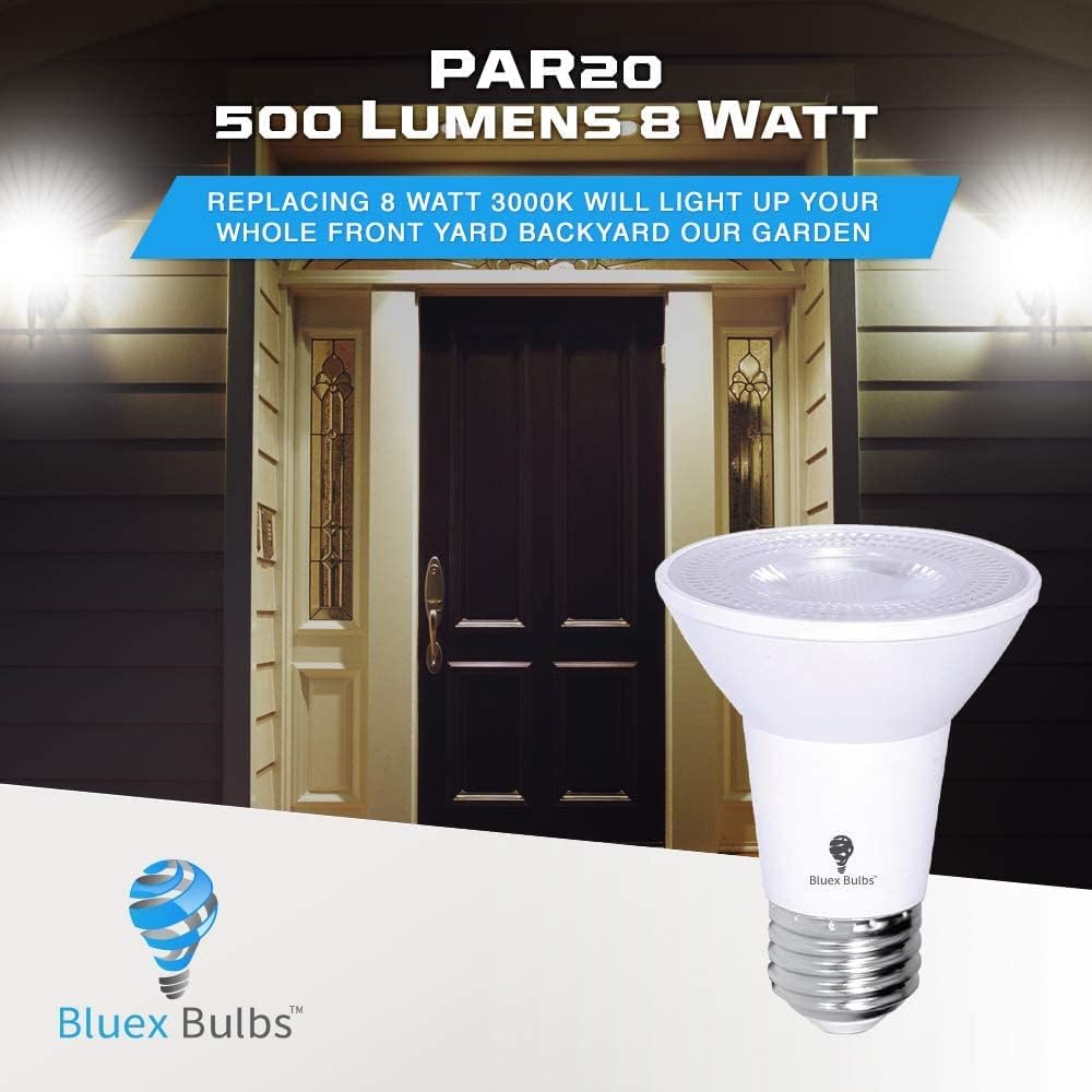 PAR20 – Paquete de 10 bombillas LED de inundación para exteriores, 8 W, 75 W, equivalentes a 500 lúmenes, regulables, impermeables, E26, 4000 K,