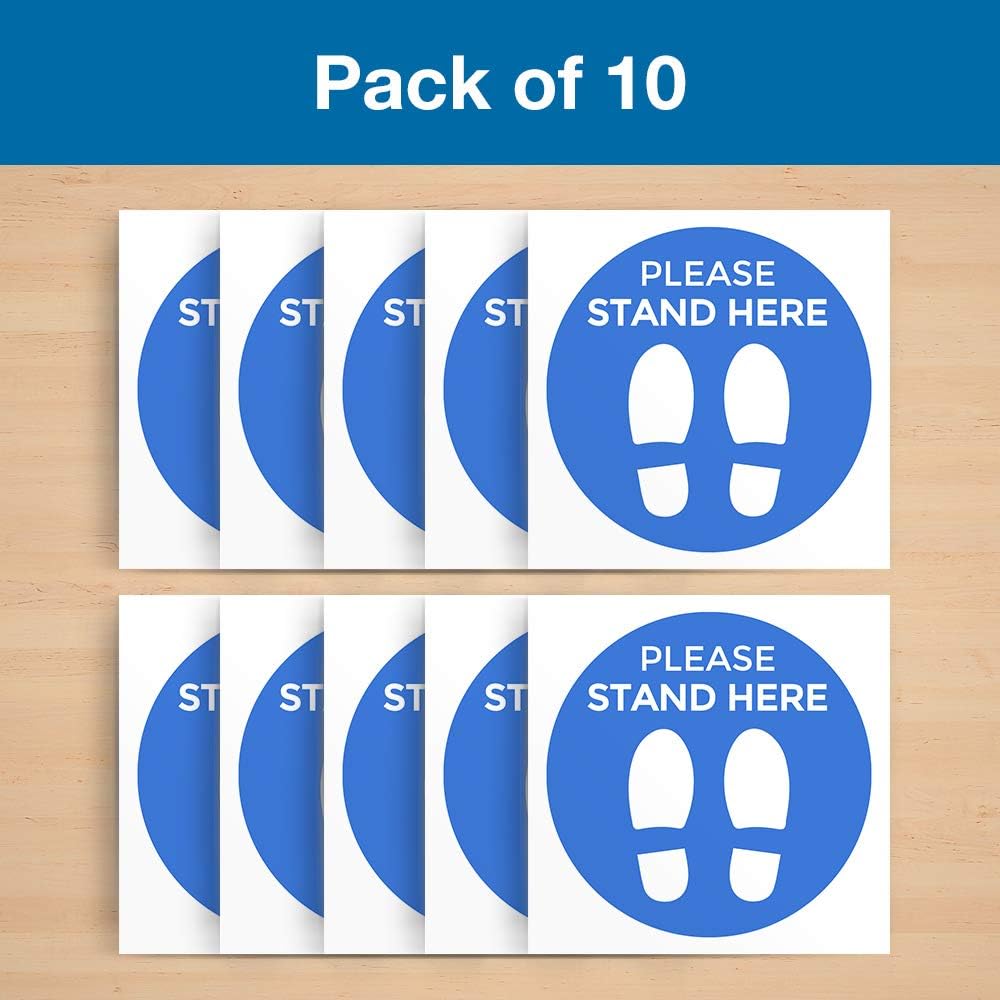 Letreros de distanciamiento social para piso, paquete de 10 calcomanías, diseño de pie azul, círculo de 12 pulgadas, solo para interiores, adhesivo