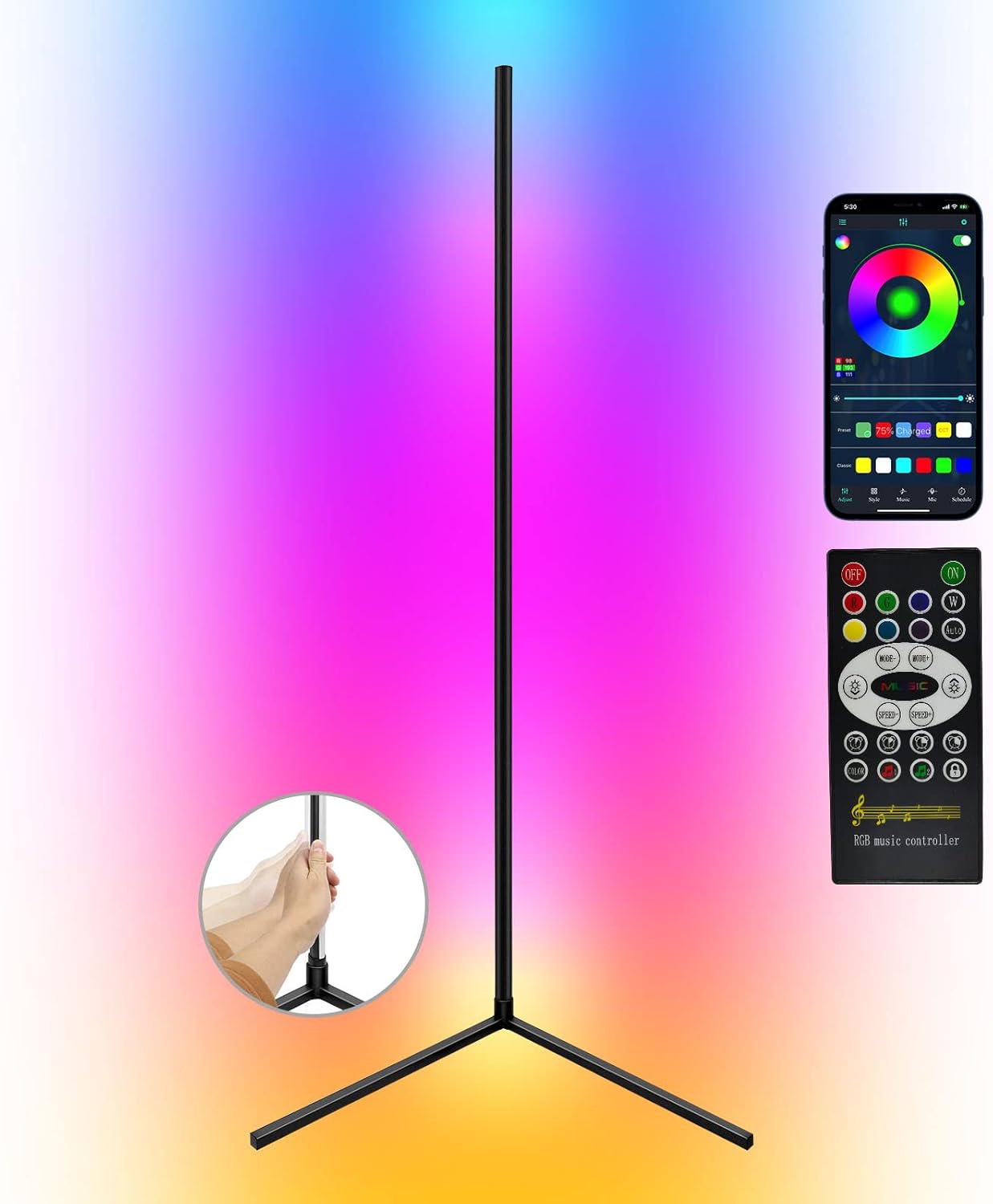 Lámpara de pie de esquina giratoria Regulable que cambia de color, lámparas de esquina de pie LED Smart App Control Iluminación RGB lámpara de