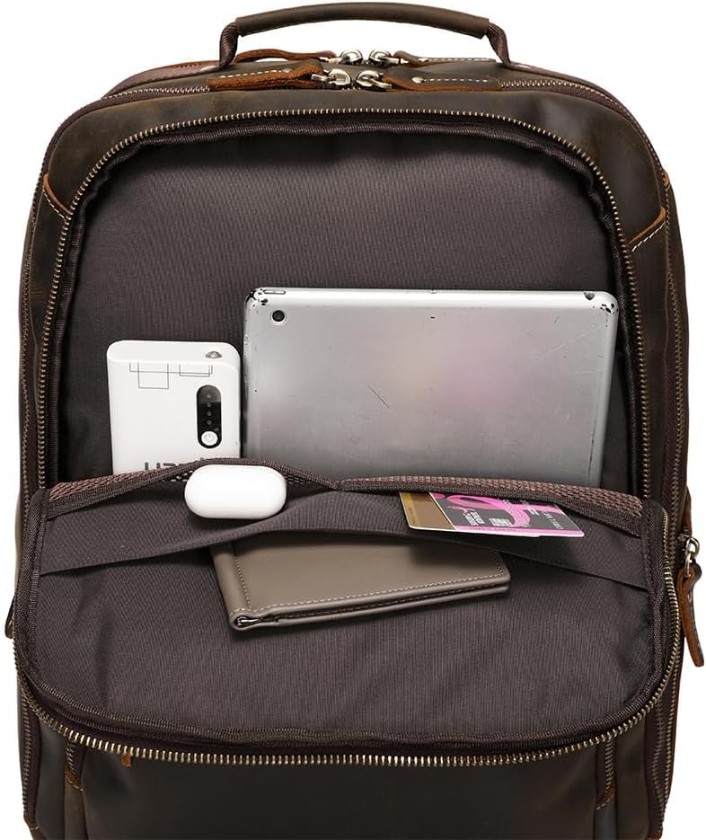 Mochila de cuero de grano completo de 16 pulgadas para computadora portátil para hombres, gran capacidad, negocios, senderismo, viajes, mochila
