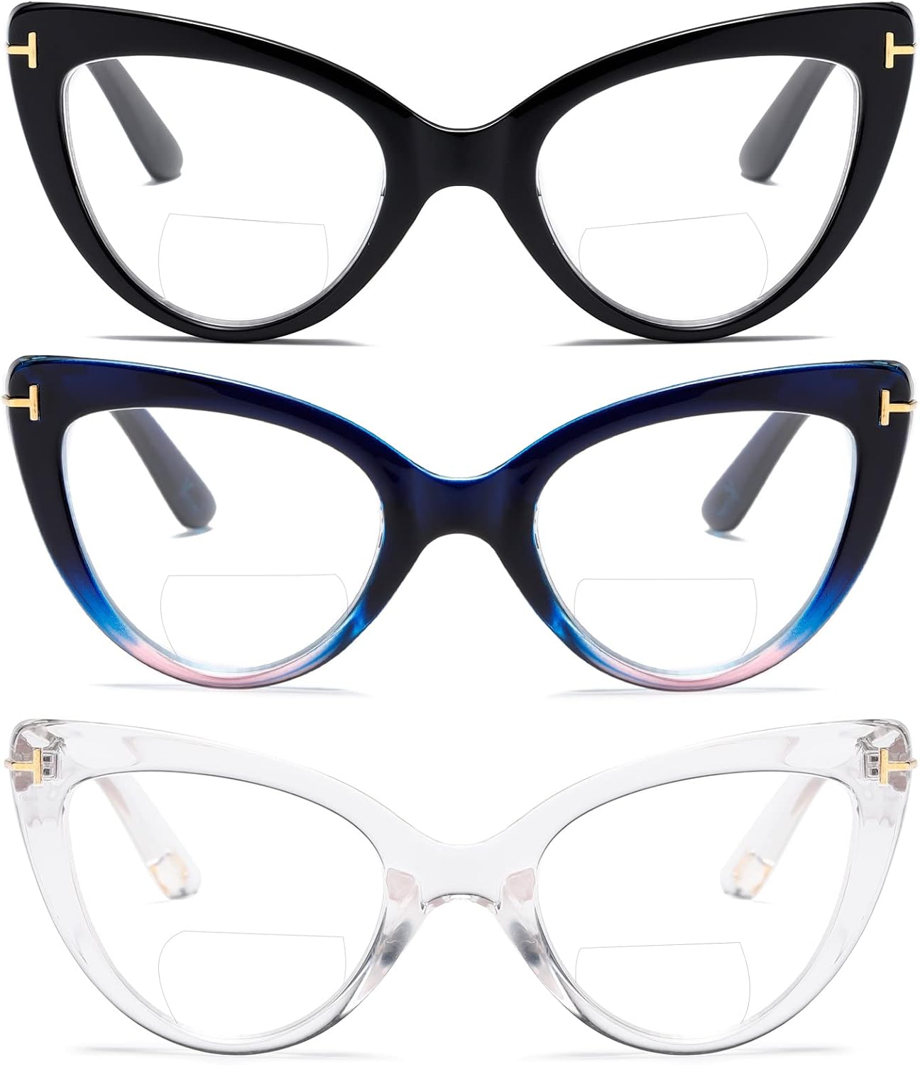 MMOWW Gafas de lectura bifocales de ojo de gato a la moda, lindo lector para mujer, paquete de 3 + 3.5