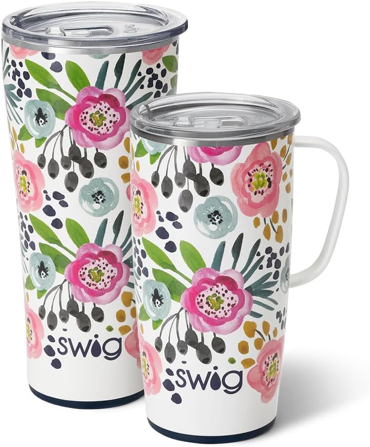 Swig Life Primrose XL – Juego de taza de viaje de 22 onzas con asa y tapa + vaso con triple aislamiento de 32 onzas con tapa, acero inoxidable, apto