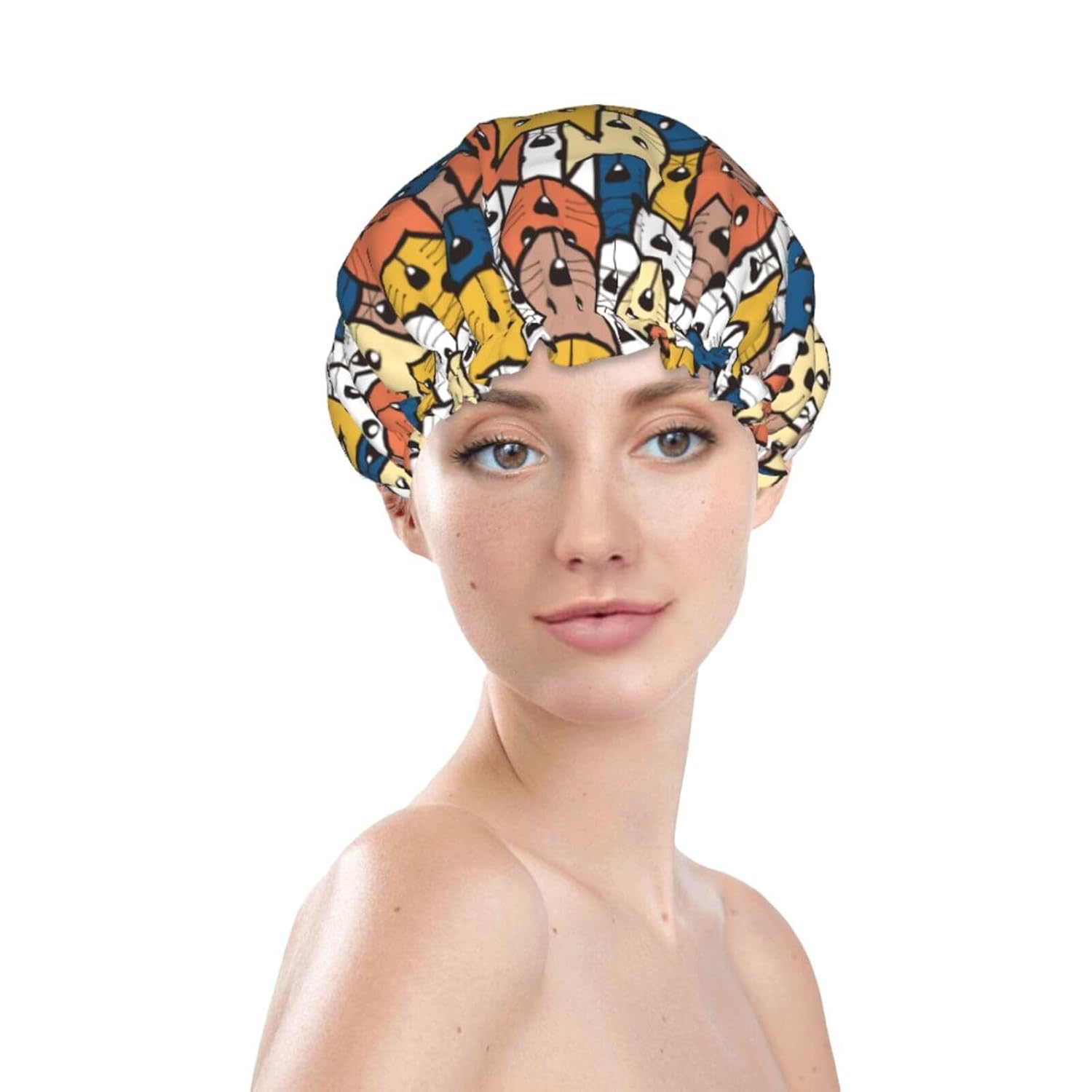 Cat Face Shower Cap Reusable Waterproof,Shower Caps For Women With Double Hair Caps,Bathing Cap Hair Cap For Shower