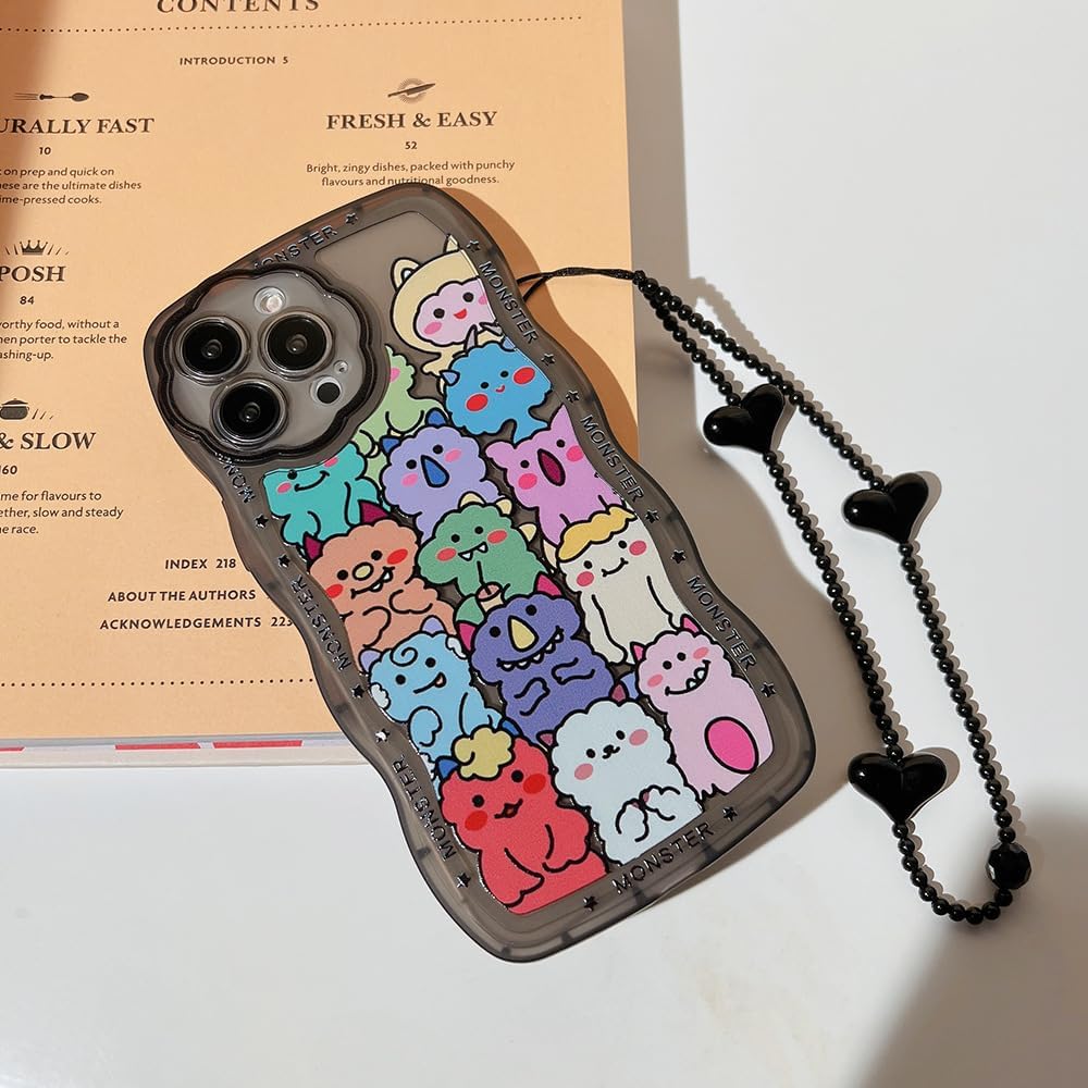 LOLAGIGI Funda negra para iPhone 13 Pro Max con forma de marco de onda rizada de monstruos de dibujos animados Kawaii, diseño femenino de dibujos