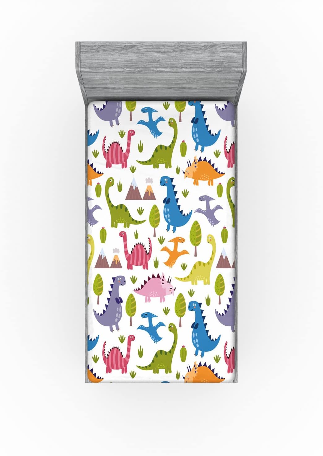 Ambesonne Sábana bajera ajustable con diseño de dinosaurios coloridos de dibujos animados T-Rex Triceratops Prehistoric Reptile Wildlife, funda de