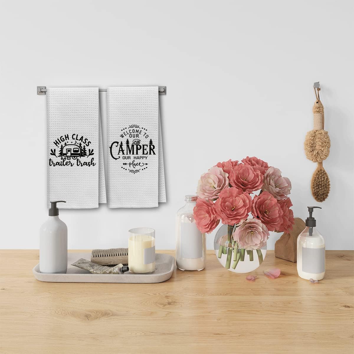 Dibor Juego de 4 paños de cocina divertidos de bienvenida a nuestra caravana, juego de 4 paños de cocina, paños de secado absorbentes decorativos