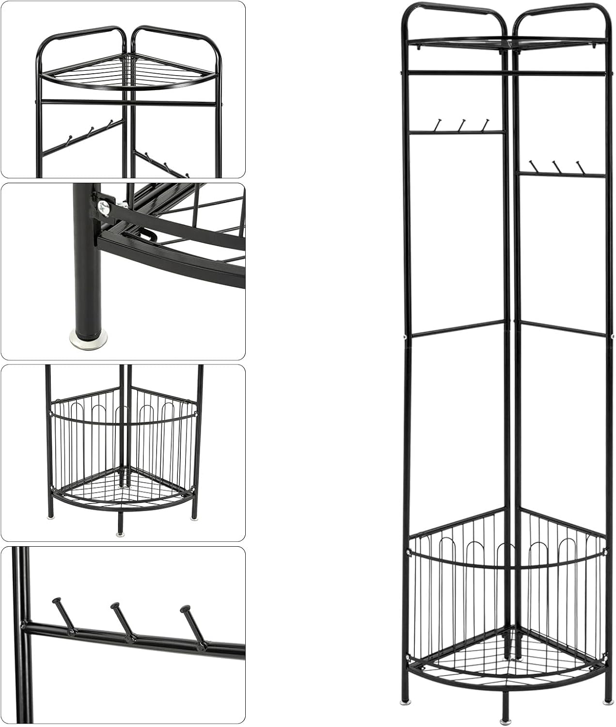 Perchero esquinero con almacenamiento y 6 ganchos de metal, soporte de esquina multifuncional para entrada o dormitorio con almohadillas redondas