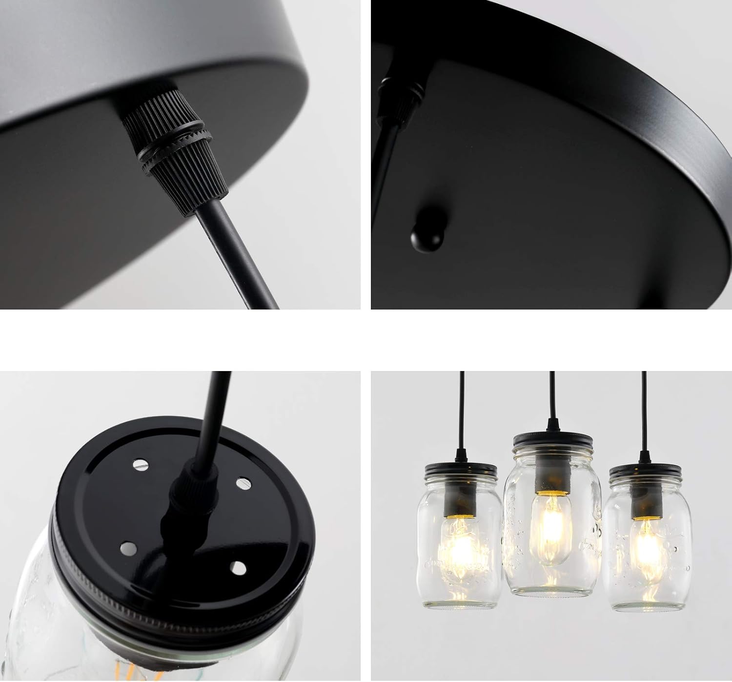 Lámparas de tarro de masón, 3 luces de casa de campo, lámpara colgante de tarro de cristal lámpara de techo ajustable para cocina, comedor, pasillo