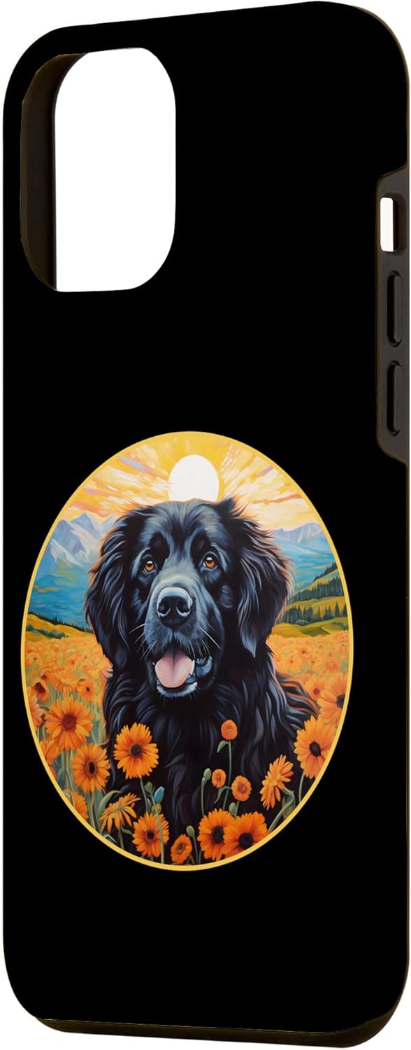 Funda para iPhone 13 Pro Max Linda Terranova Perro Colorido Flor Montaña Puesta de Sol Newfie