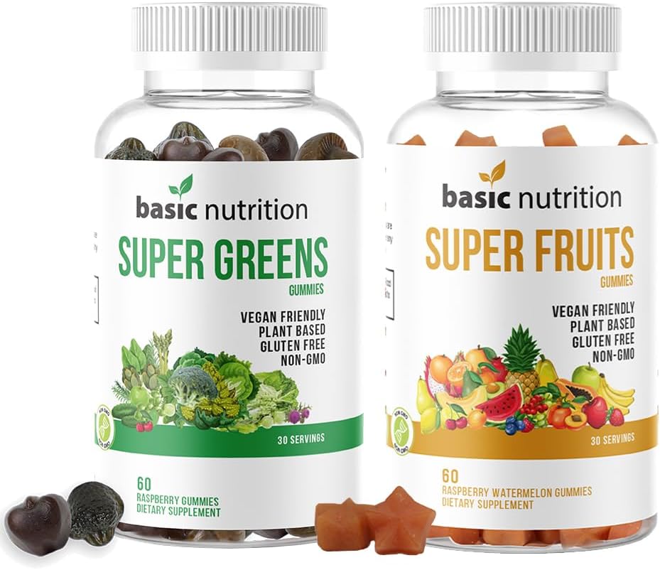 Basic Nutrition SuperFruits + SuperGreens – Paquete de gomitas  Vitaminas y minerales que promueven el colágeno para la belleza, la energía y la
