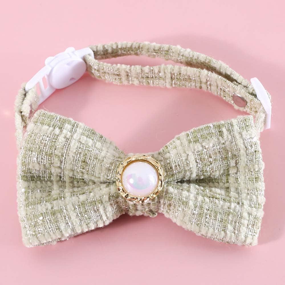 Collar de pajarita de perlas trenzadas para mascotas, estilo vintage, para gato, perro, ajustable, antiasfixia, seguridad para gatos (verde)