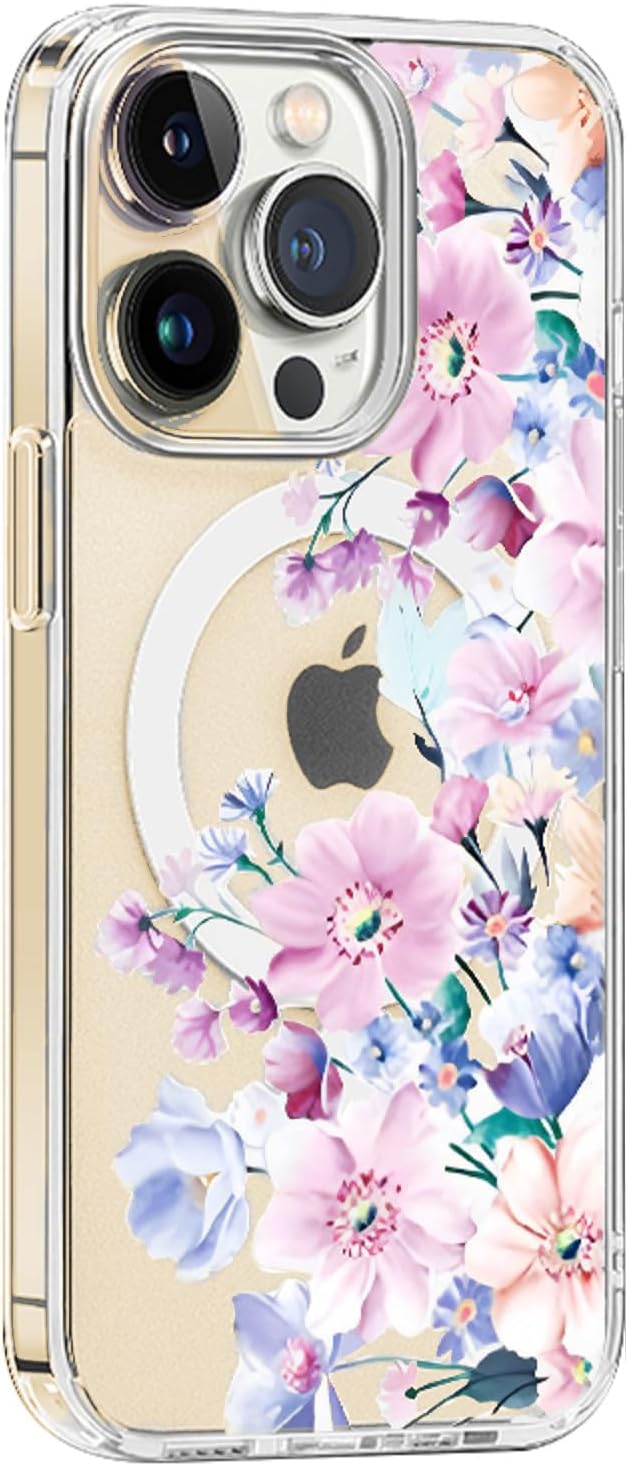 Funda Magsafe para iPhone 13 Pro Max, diseño floral lindo delgado a prueba de golpes protector duro PC+TPU parachoques flor mujeres cubierta