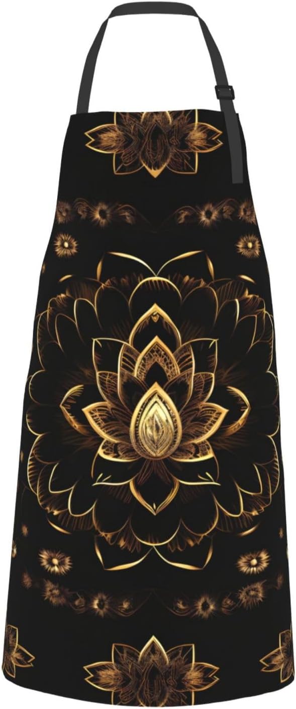 JENKEM Delantal impermeable de flores de loto dorado con bolsillos delantales de cocina ajustables babero de cocina para hornear hogar
