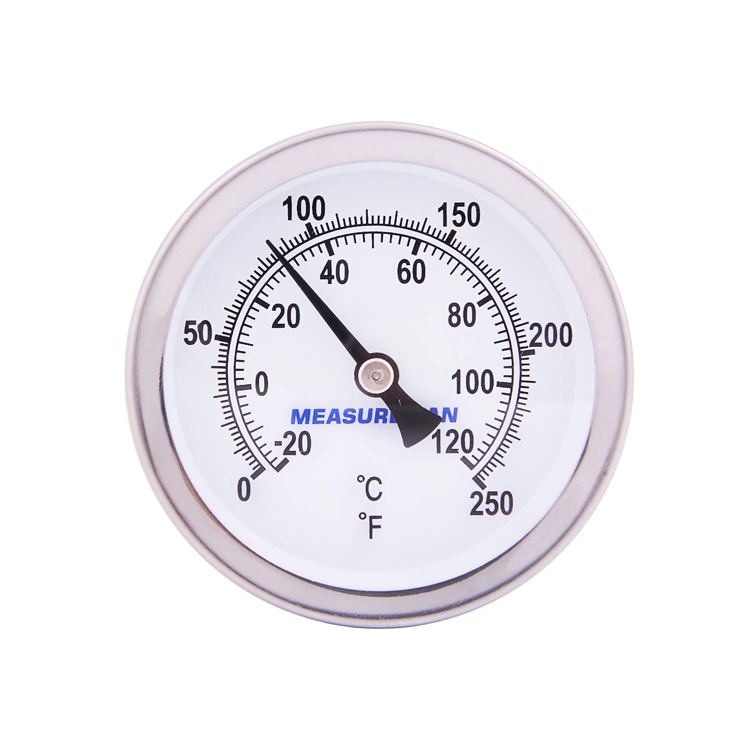 MEASUREMAN Termómetro bimetálico de agua caliente, 2-12″ dial, 1-34″ vástago de latón sin plomo, rango 0-250 grados F-20-120 grados C, 2% de