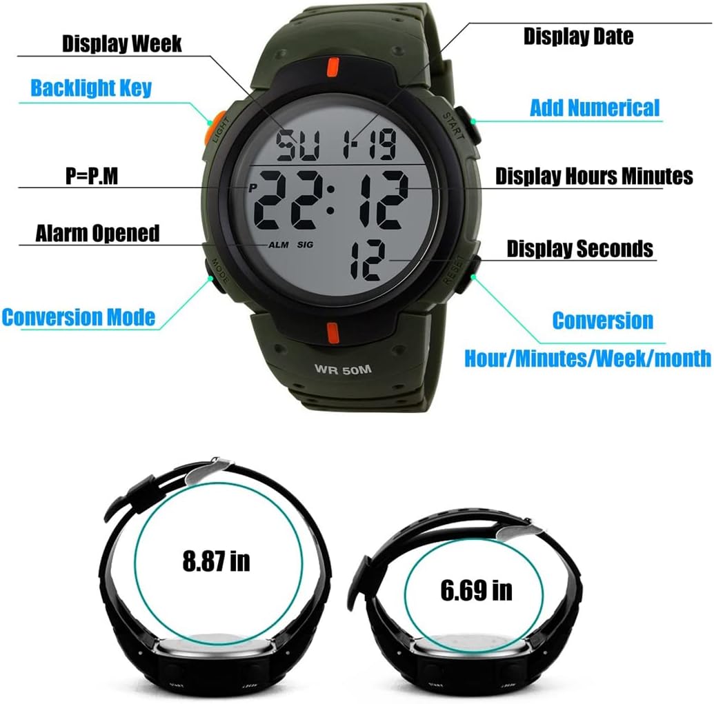 Reloj deportivo impermeable para hombre al aire libre LED electrónico multifunción 12H  24H hora militar 164FT 50M resistente al agua fecha
