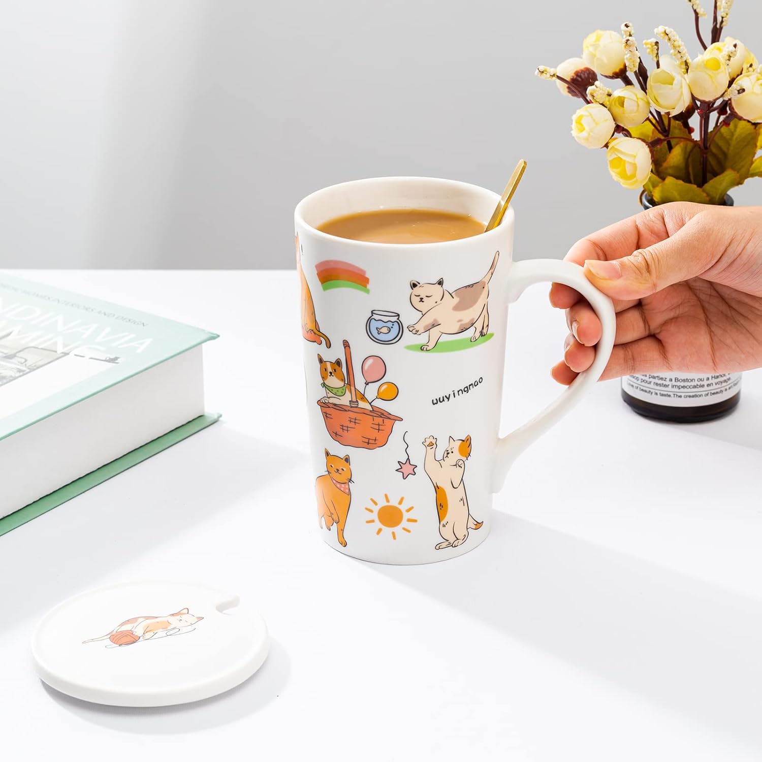BLUEPOLAR Taza de cerámica para café, taza de viaje, taza de té de latte de porcelana, tazas de café para gatos, 17 oz