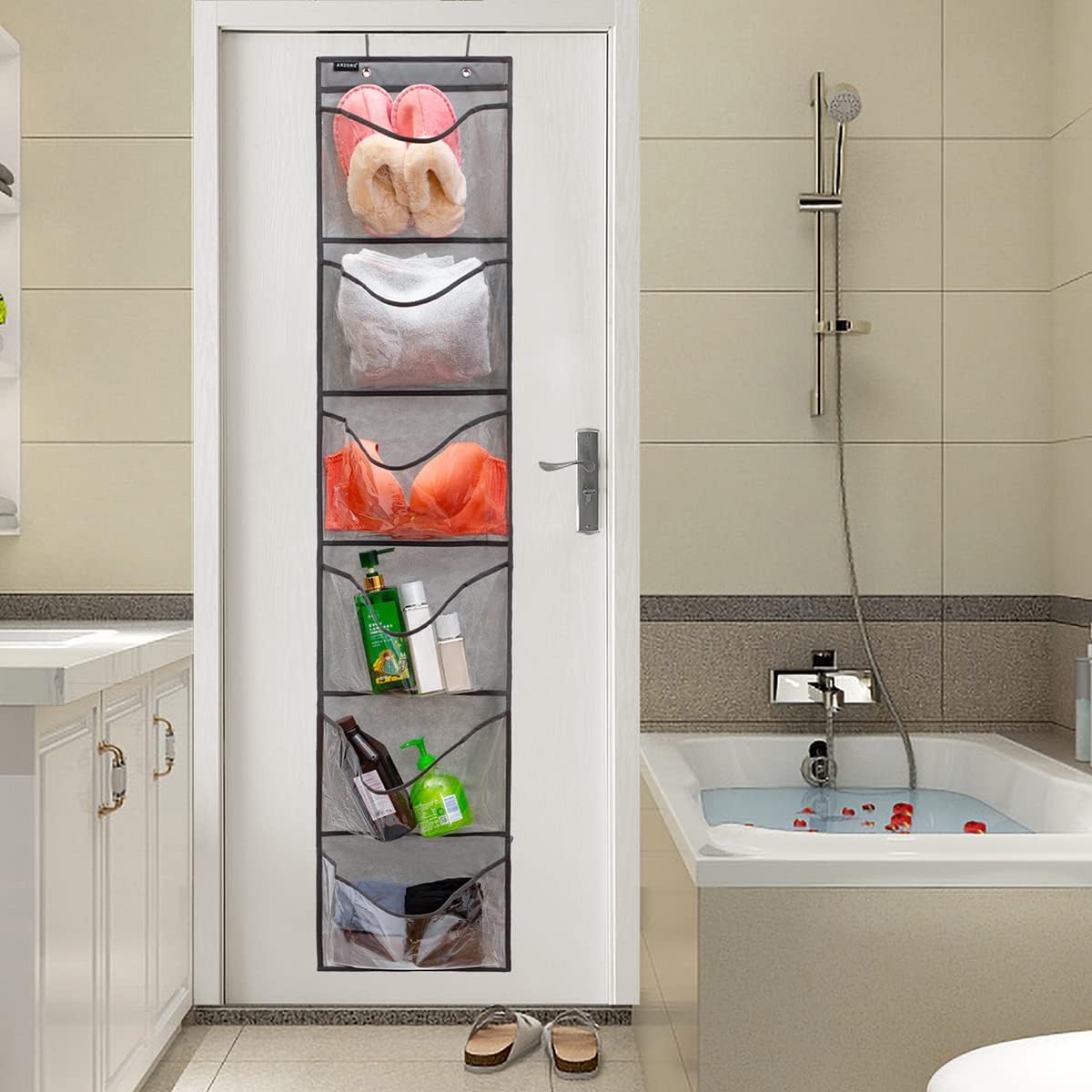 Organizador de zapatos con bolsillos extra grandes para armario sobre la puerta estrecha para colgar zapatos (6 bolsillos grandes, gris)