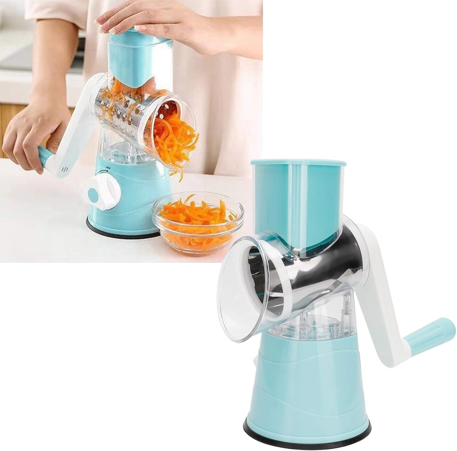 Rallador giratorio manual, rebanador de verduras, rotación de arranque manual, rallador de verduras, triturador de queso con 3 tipos de cuchillas,