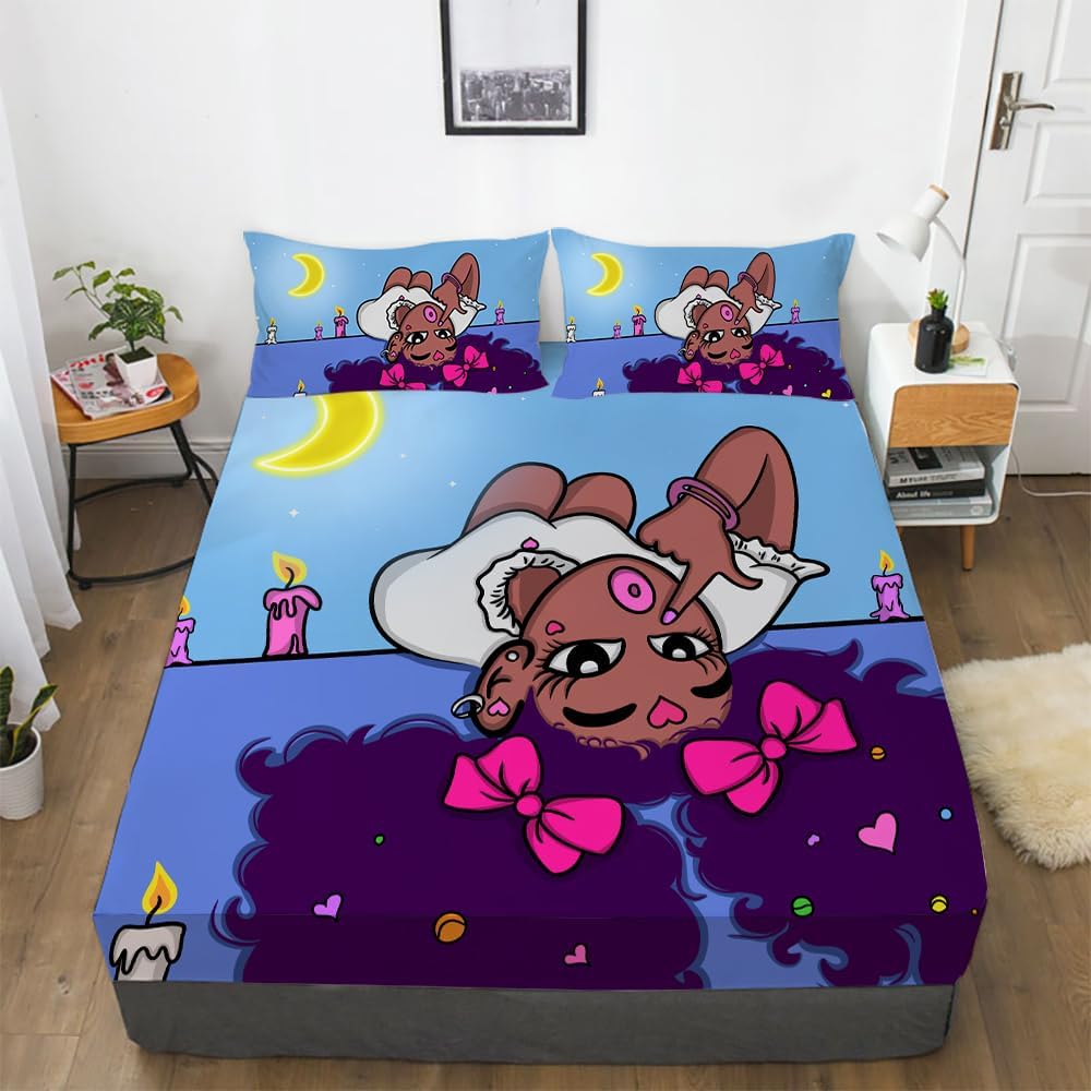 Gusuhome Juego de ropa de cama mágica de niña negra afroamericana, tamaño Queen, linda luna princesa, juego de sábanas ajustables para niños, tiara