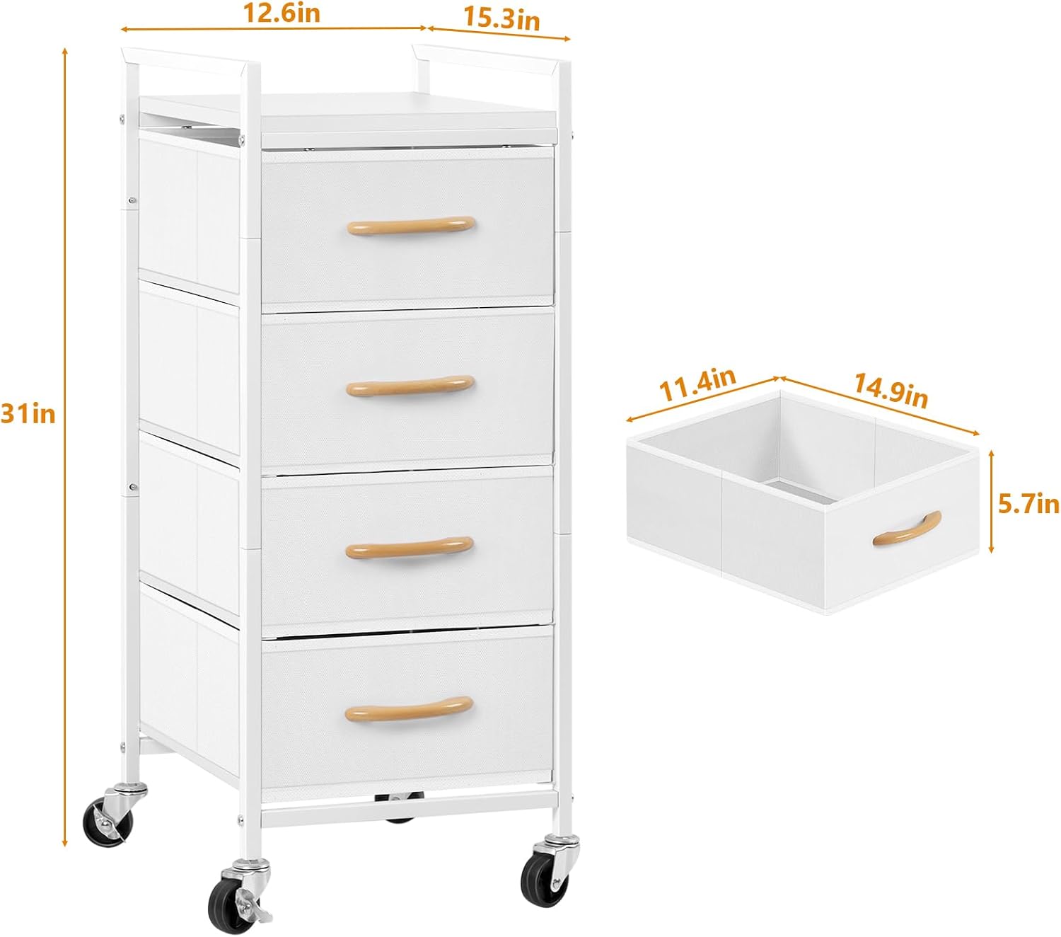 Cómoda de tela para dormitorio, 4 cajones con tablero de madera, organizador de almacenamiento vertical con ruedas, cajoneras para armario, sala de