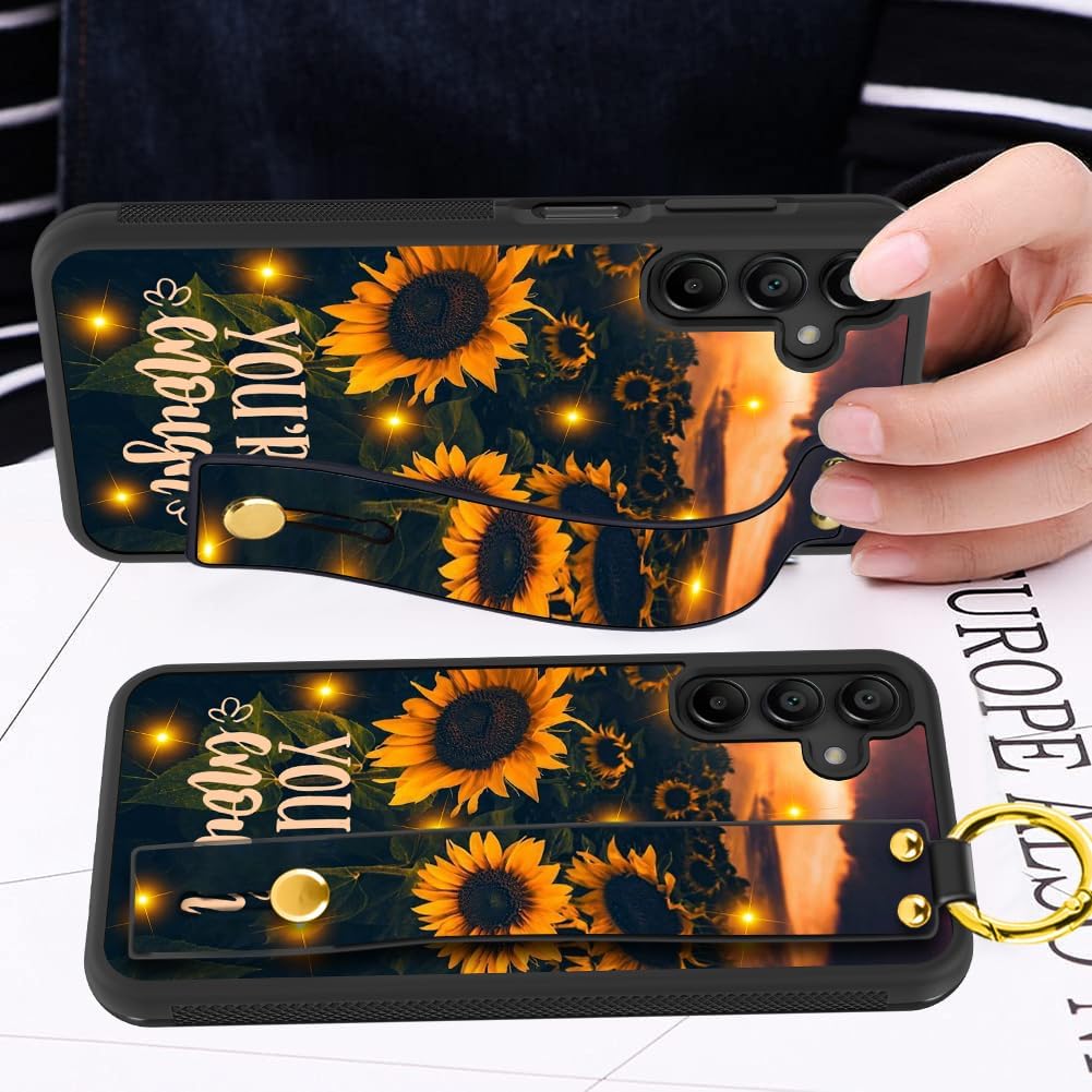 LSL Compatible con Samsung Galaxy A15 5G Shine Girasoles Funda con correa de muñeca con soporte para mujeres y niñas, textura de neumático TPU