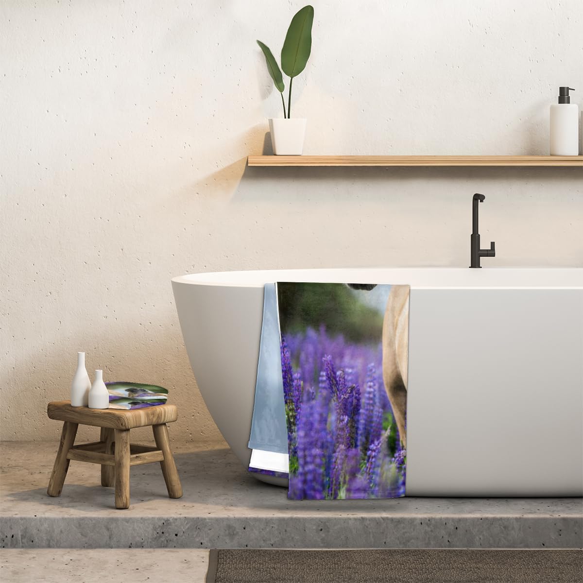 Juego de 3 toallas de baño con diseño de flores de lavanda y caballo de animales, toalla de mano grande, toallas suaves absorbentes florales, toalla
