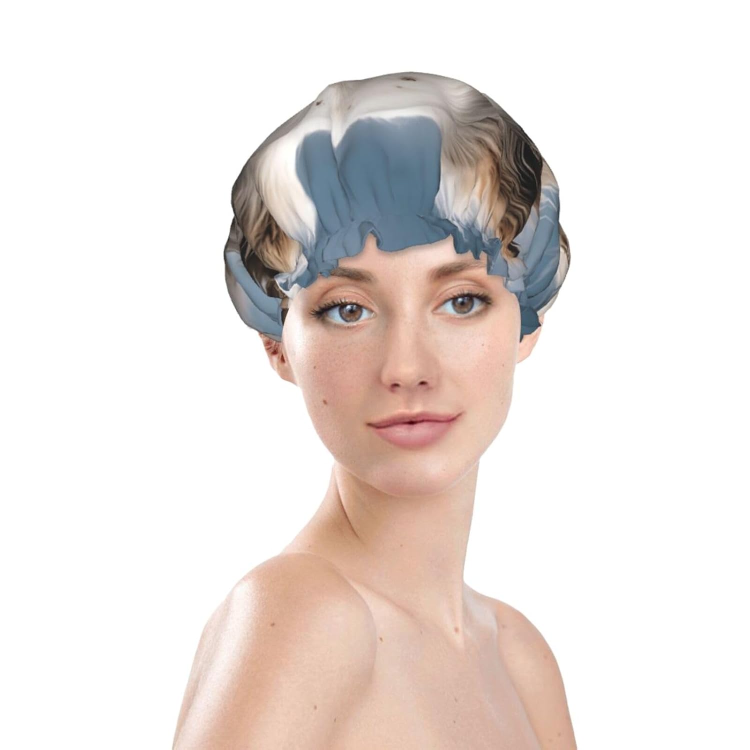 Big White Dog Shower Cap for Women Men Waterproof Hair Cap with Elastic Band Double Layered Bath Caps Reusable Bathing Shower Caps for all Hair Types