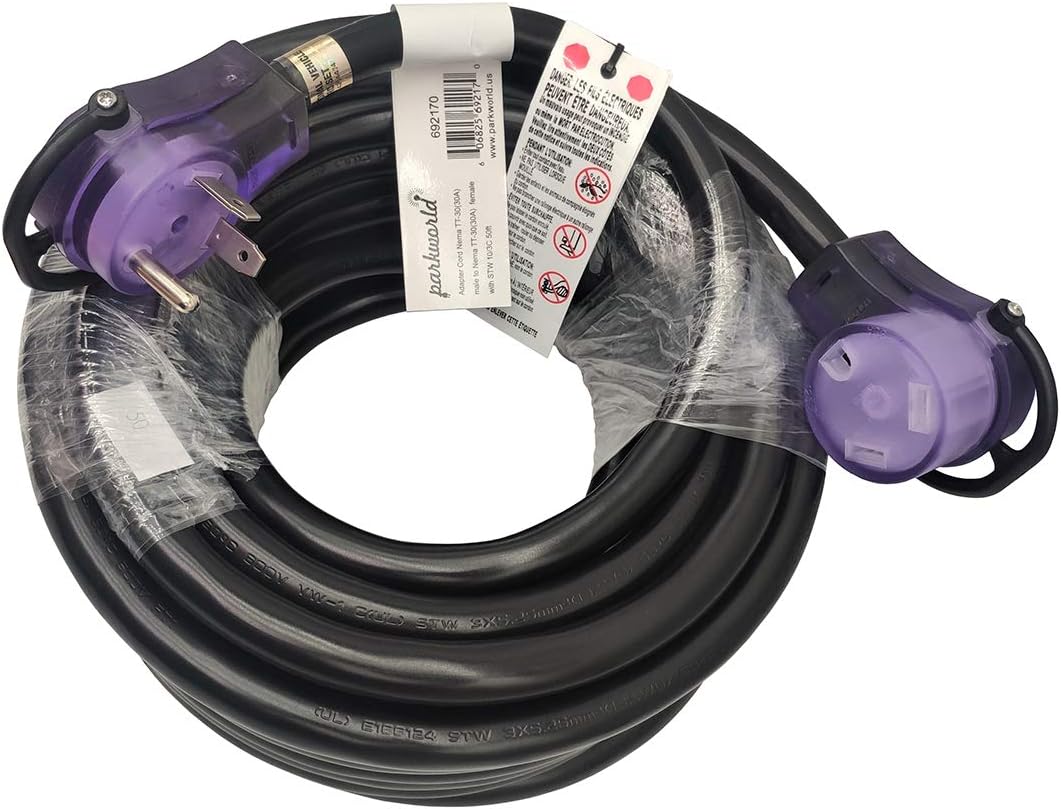 Parkworld Cable de extensión RV 30A NEMA TT-30 con asa, Camper 30amp TT-30P a TT-30R (50 pies)