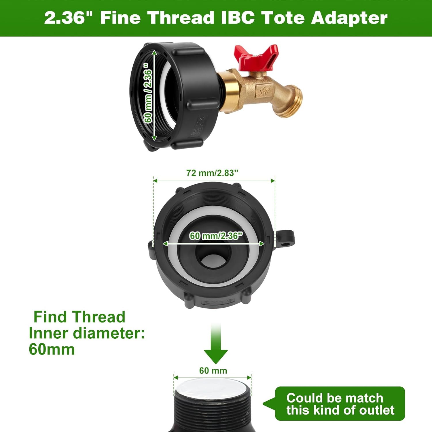 WADEO Adaptador de tanque IBC, adaptador de rosca fina de 2.36 pulgadas para tanque IBC de 275-330 galones, Aadpter IBC Tote Aadpter con válvula de