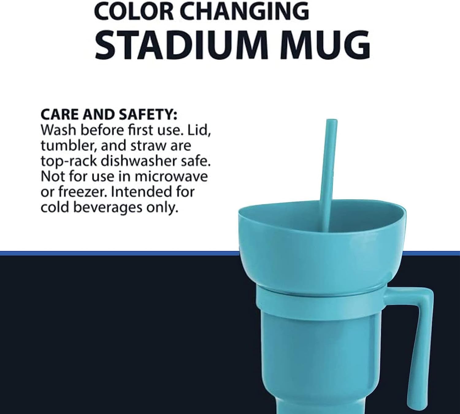 Vaso de estadio con cuenco para aperitivos, reutilizable, a prueba de fugas, 2 en 1, con pajilla, vaso portátil para bebidas en la parte superior,