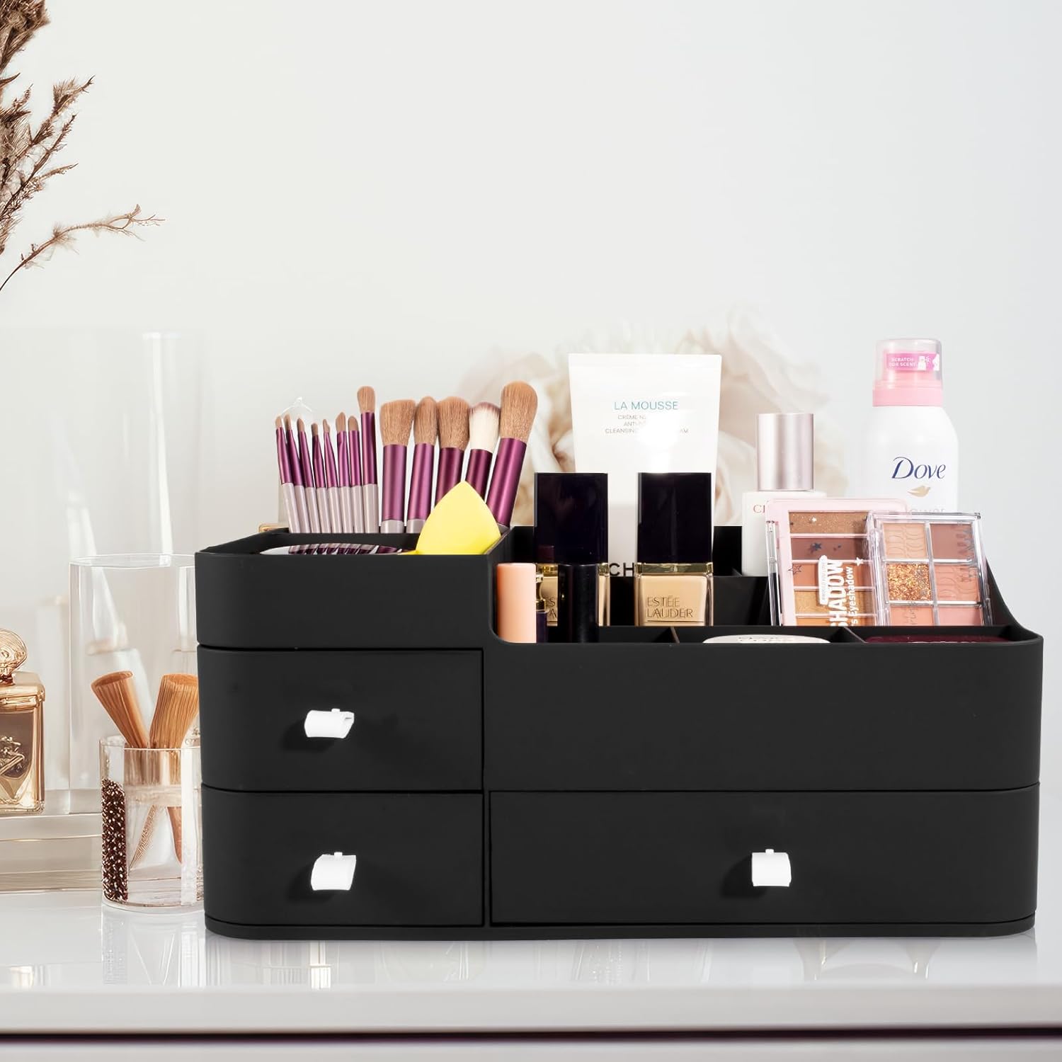 Organizador de maquillaje para tocador, organizador grande de encimera con cajones, almacenamiento de cosméticos para el cuidado de la piel,