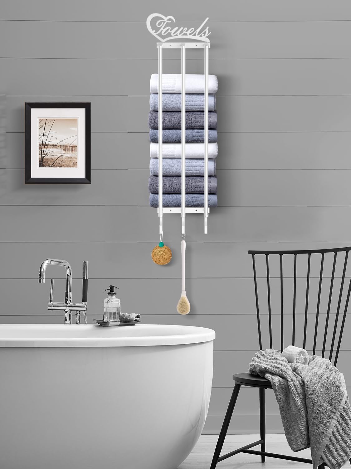 Toalleros para baño montados en la pared, nuevo toallero de pared 3 en 1 mejorado para toallas enrolladas, almacenamiento de toallas de baño con 3