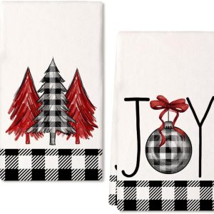 ARKENY Juego de 2 paños de cocina de Navidad para decoración de Navidad, diseño de búfalo negro, 18 x 26 pulgadas, color rojo Joy Noel, árbol de ARKENY Juego de 2 paños de cocina de Navidad para decoración de Navidad, diseño de búfalo negro, 18 x 26 pulgadas, color rojo Joy Noel, árbol de