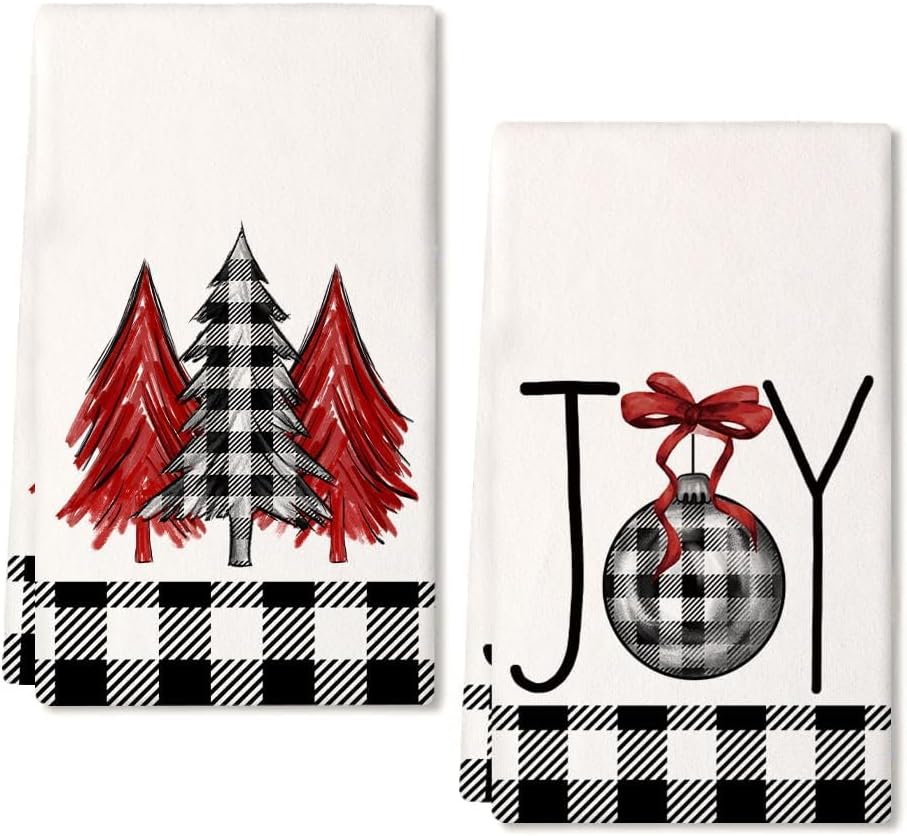 ARKENY Juego de 2 paños de cocina de Navidad para decoración de Navidad, diseño de búfalo negro, 18 x 26 pulgadas, color rojo Joy Noel, árbol de