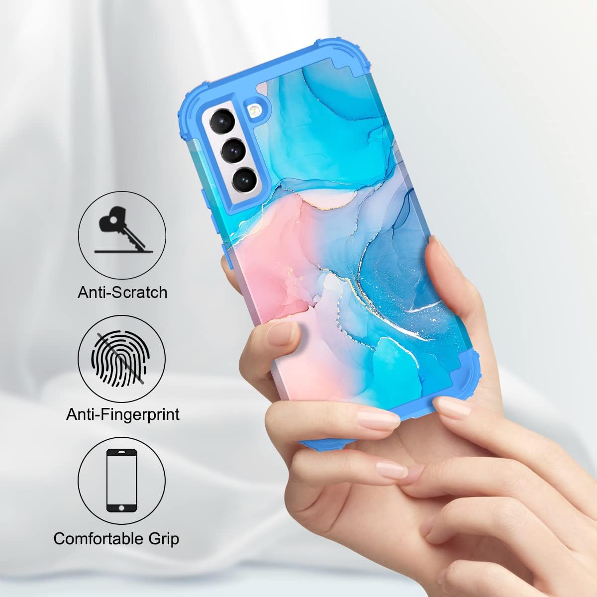 Fingic Funda Samsung Galaxy S22 Plus de mármol 3 en 1, protección híbrida de policarbonato duro, silicona suave, resistente, a prueba de golpes,